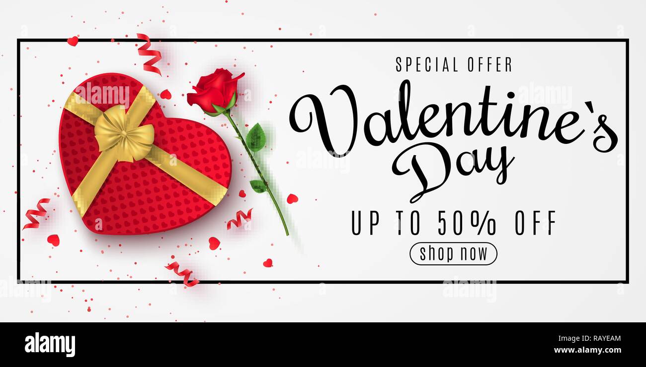 Valentine's Day greeting bandeaux web pour la vente. Vue d'en haut. Composition romantique avec boîte-cadeau de coeur et fleur rose. Offre spéciale. Gros rabais. Sca Illustration de Vecteur