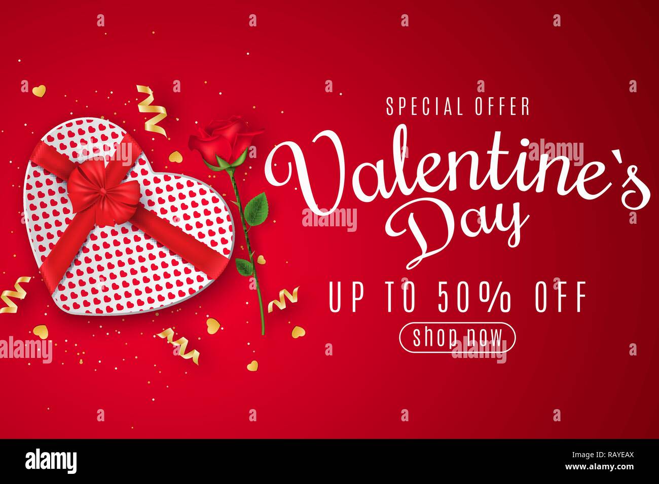 Bannière web Saint-valentin pour la vente. Vue d'en haut. Composition romantique avec boîte-cadeau de coeur et fleur rose. Offre spéciale. Gros rabais. Co épars Illustration de Vecteur