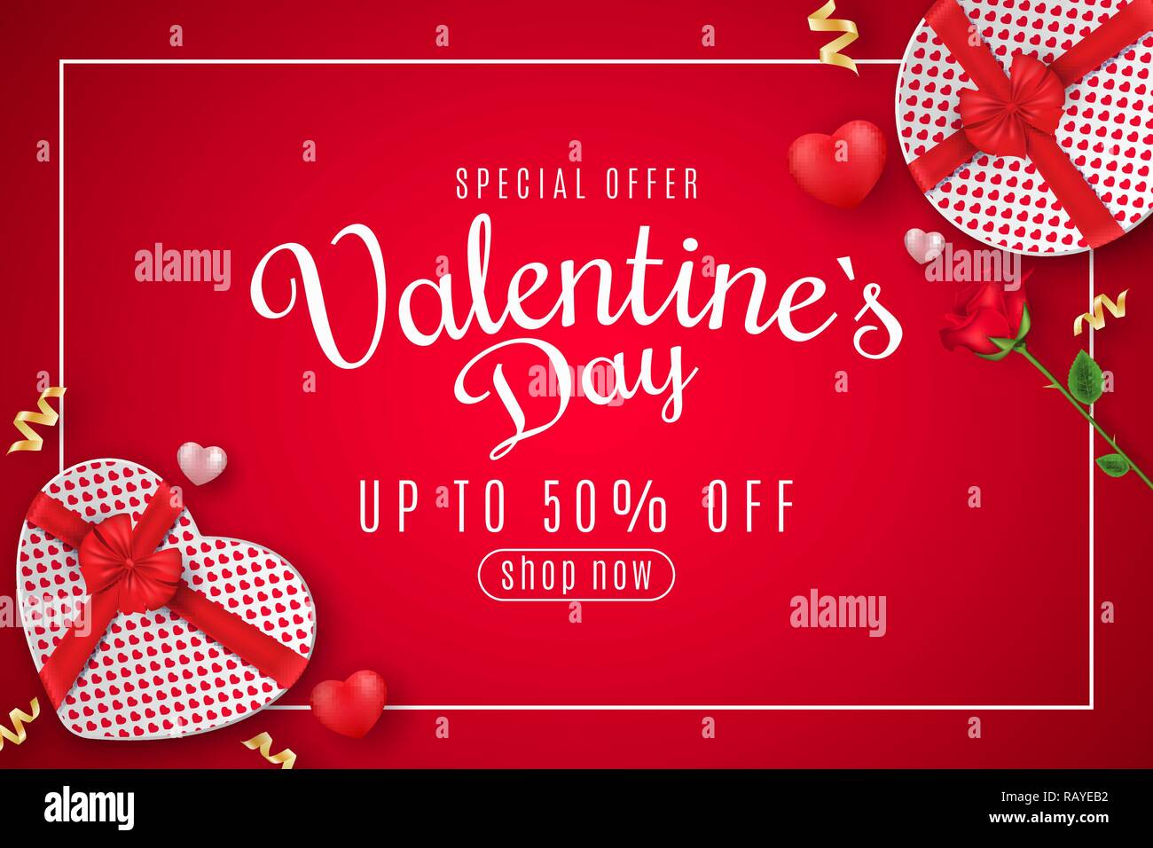 Bannière web Saint-valentin pour la vente. Vue d'en haut. Composition romantique avec boîte-cadeau de coeur et fleur rose. Coeurs 3D. Offre spéciale. Gros rabais. S Illustration de Vecteur