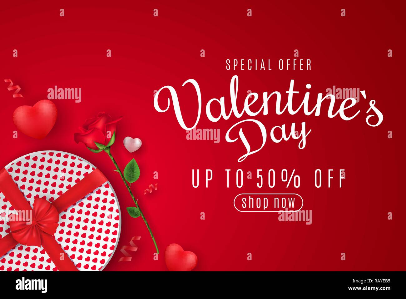 Bannière web Saint-valentin pour la vente. Vue d'en haut. Composition romantique avec une boîte ronde et rose fleur. Coeurs 3D. Offre spéciale. Gros rabais. Le Scat Illustration de Vecteur