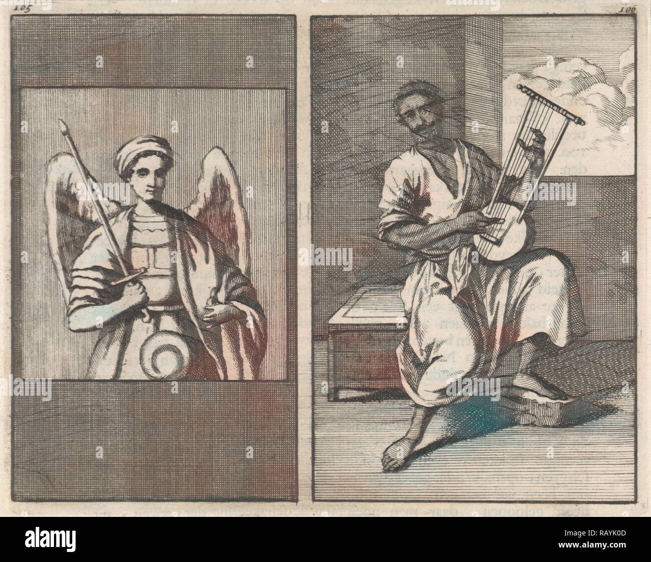 Ange avec l'épée, Moor joue cinq instruments à cordes, Jan Luyken, 1698. Repensé par Gibon. L'art classique avec un repensé Banque D'Images