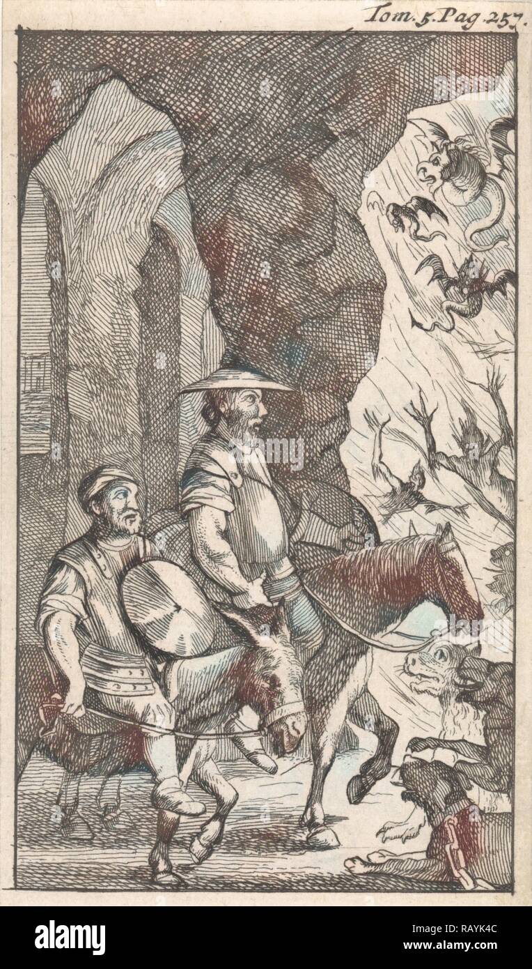 Don Quichotte et Sancho ride passé une forge qui, selon eux, est l'entrée de l'enfer. Caspar Luyken, Pieter Mortier repensé Banque D'Images