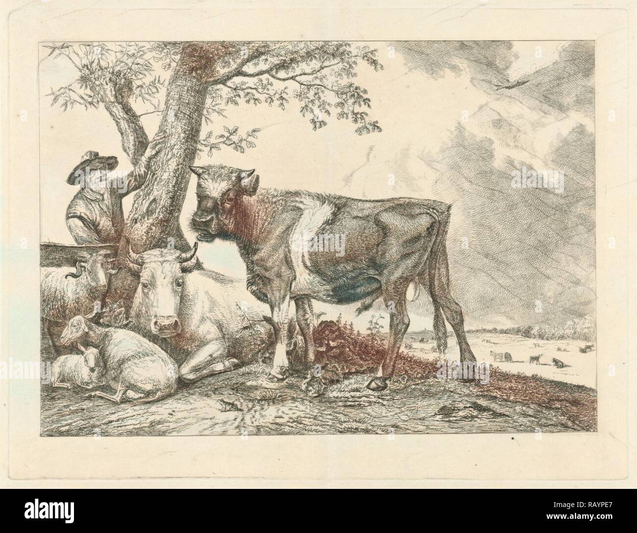 Taurus et agriculteur, Johannes Mock, Paulus Potter, 1825. Repensé par Gibon. L'art classique avec une touche moderne repensé Banque D'Images
