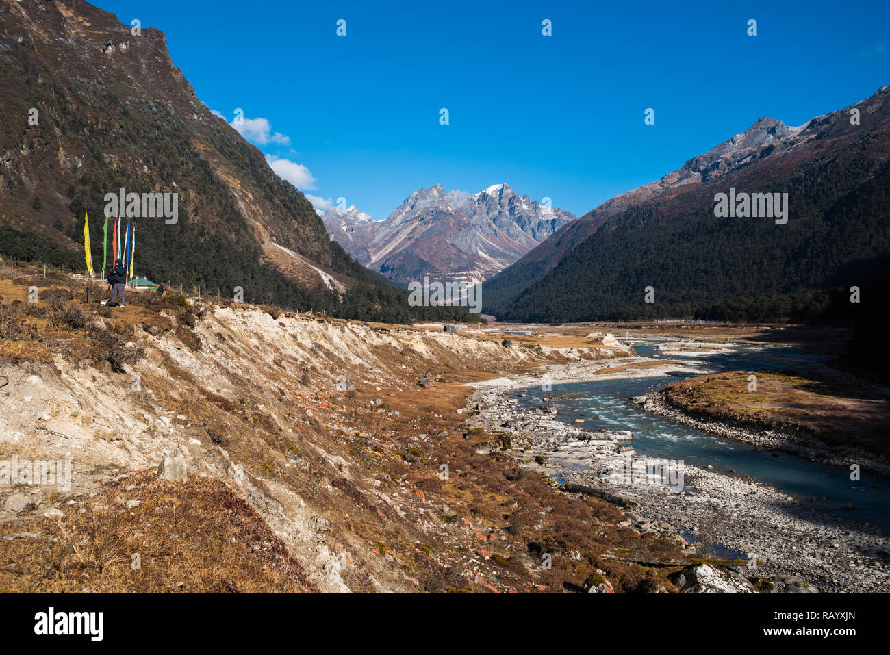 De la fonte des glaces sur la rivière mountain vue Paysage à Lachung, temps clair jour heure, Sikkim, Inde Banque D'Images