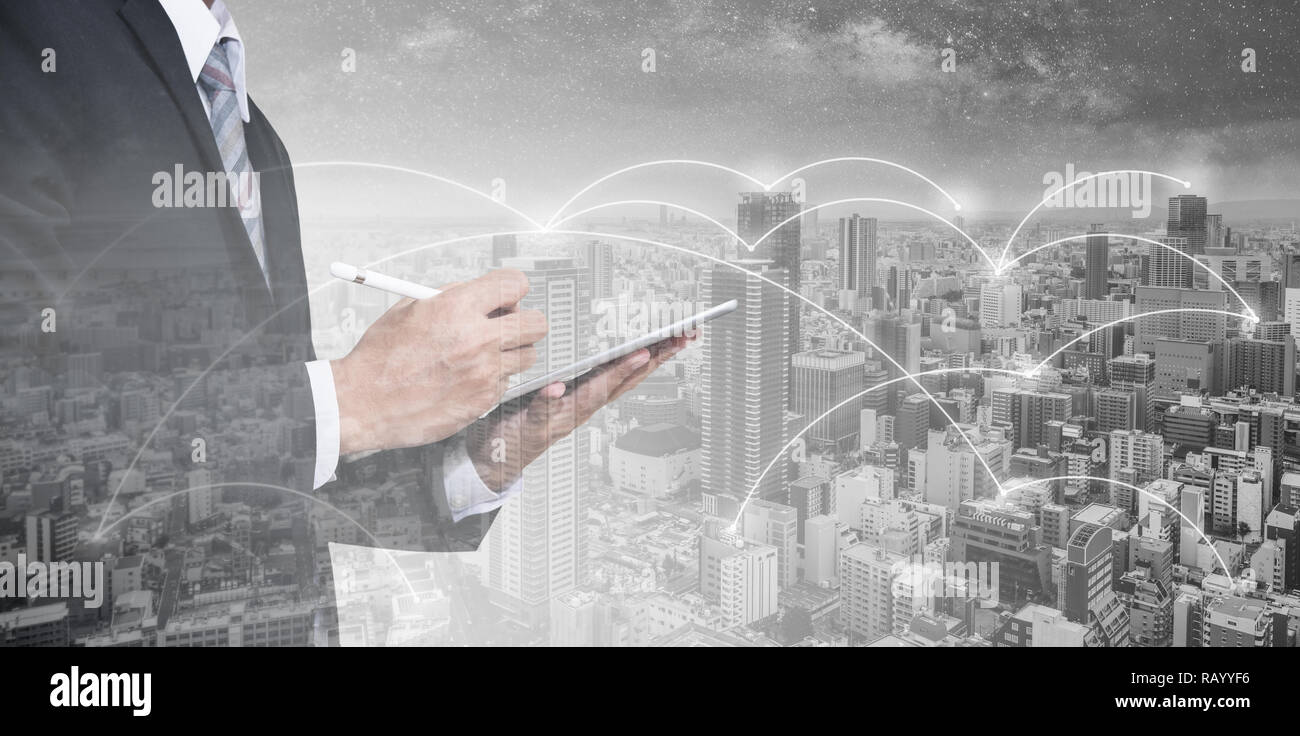 Double exposition, et la ville. Réseau d'affaires, la technologie de connexion internet et blockchain Banque D'Images