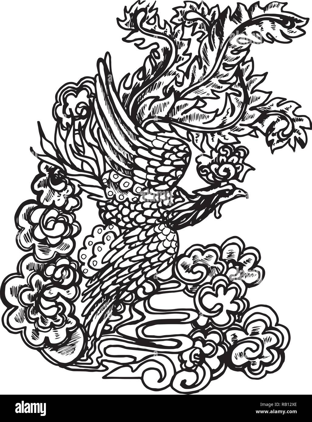 IIlustration d'un traditionnel chinois phoenix au printemps de spirales. Illustration de Vecteur