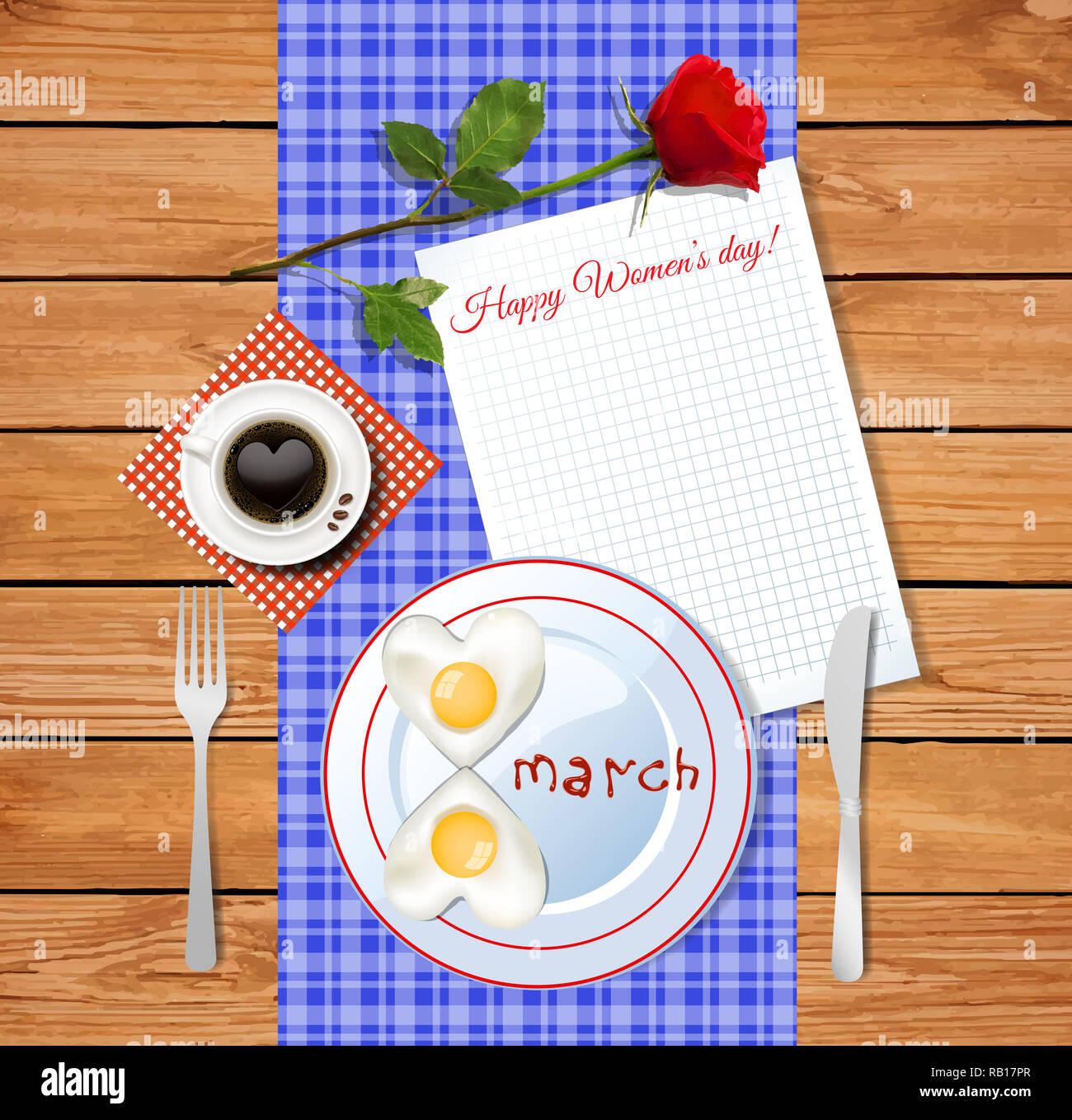 Heureux jour femmes carte de vœux en forme de numéro 8 oeufs frits coeur sur assiette et tasse de café sur fond de bois clair et nappe avec w fiche technique Banque D'Images