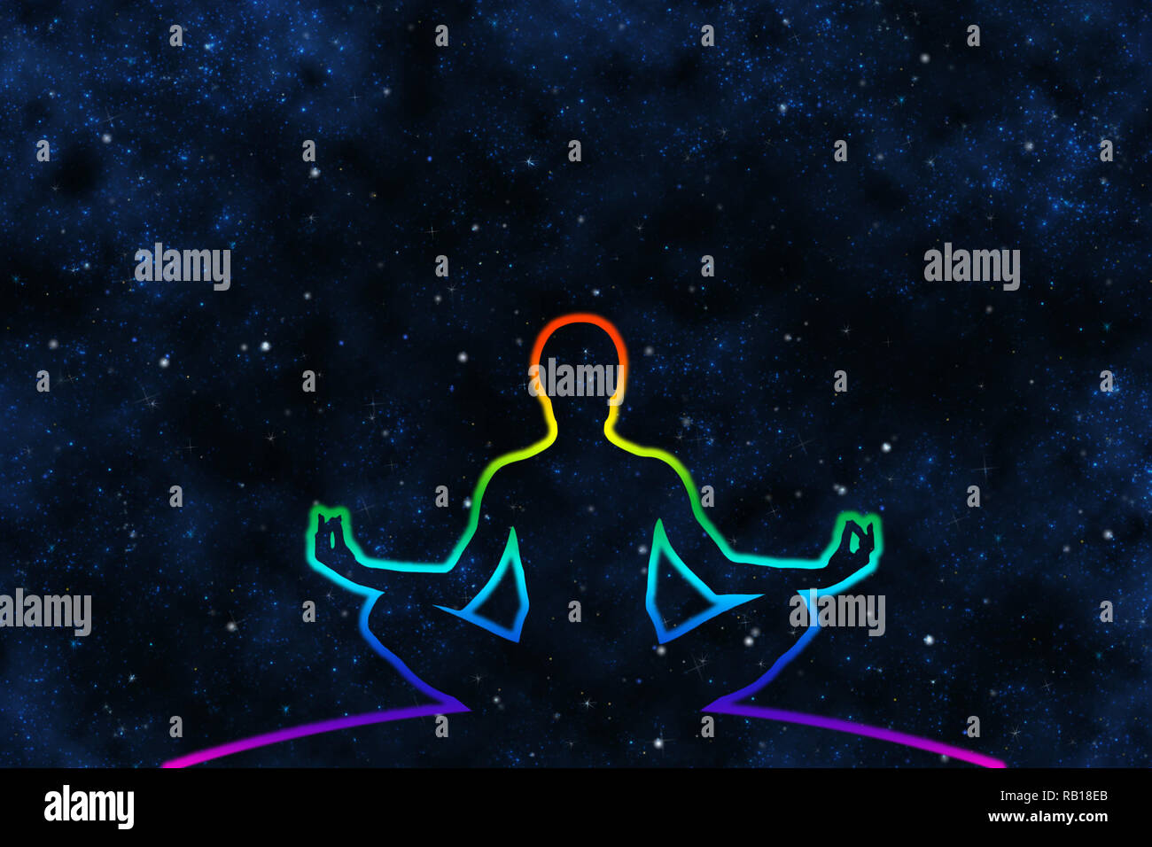 Yoga féminin figure à l'univers historique, caressa par ligne blured colorés, la méditation. Banque D'Images