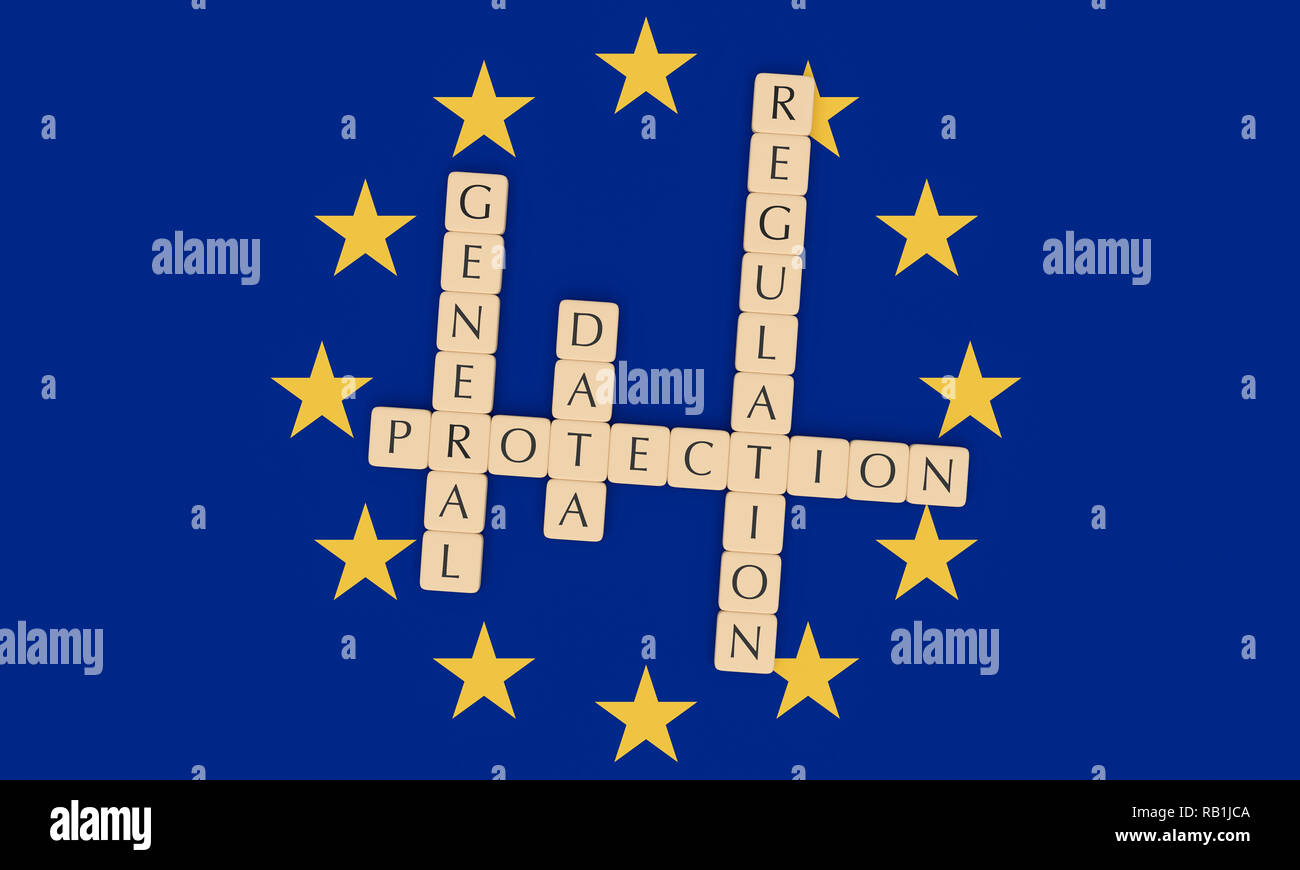 La politique européenne News Concept : lettre carreaux Règlement général sur la protection des données sur le drapeau de l'UE, 3d illustration Banque D'Images