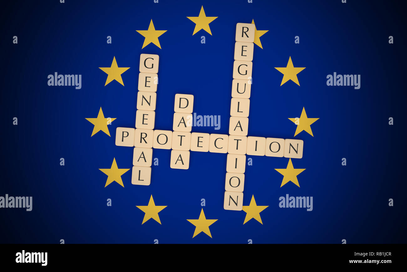 La politique européenne News Concept : lettre carreaux Règlement général sur la protection des données sur le drapeau de l'UE, 3d illustration Banque D'Images