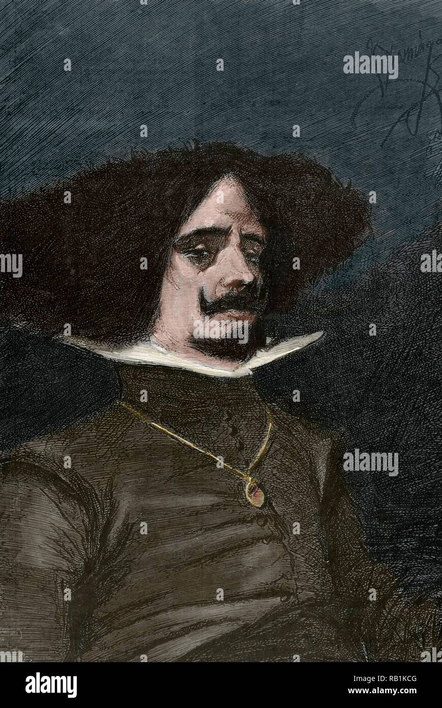 Diego Silva Velázquez (1594-1660). Pintor barroco español. Retrato autógrafo existente en el Museo de Valencia. Dibujo por F. Domingo a partir del retrato original. La gravure. La Ilustración Española y Americana, 1876. Coloreado. Banque D'Images