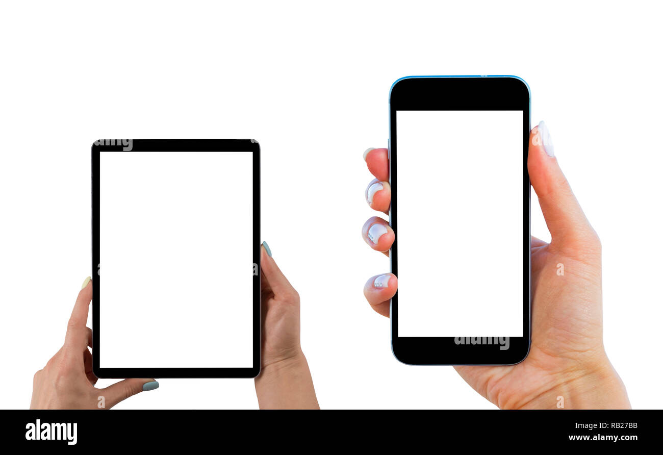 Belle femme mains tenant ensemble de smart phone, tablette Ordinateur avec écran blanc isolé. En milieu d'affaires avec l'exemplaire de l'espace. L'espace vide pour le texte Banque D'Images