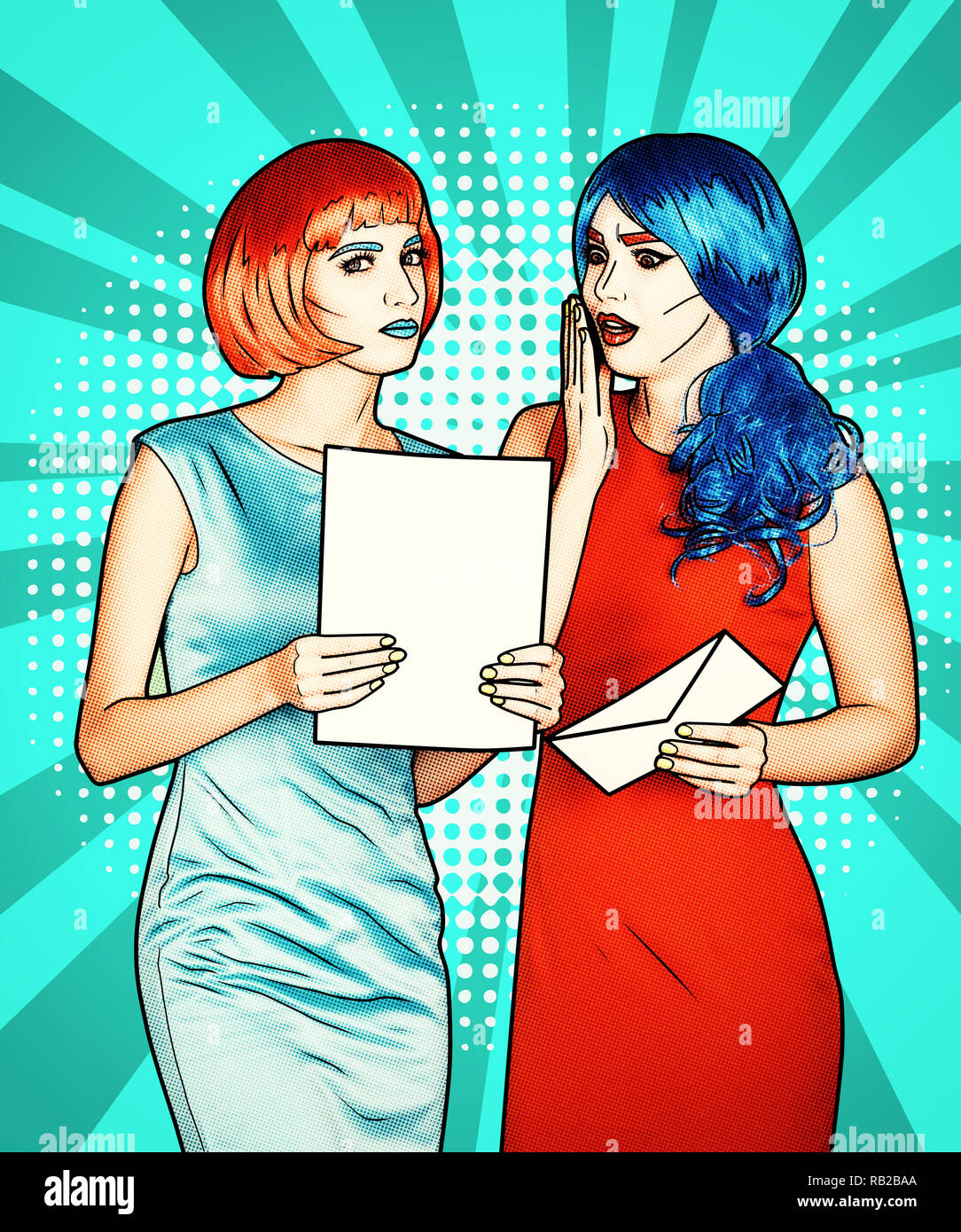 Portrait de jeunes femmes en comic pop art style de maquillage. Les femmes en rouge et bleu des perruques et robes sont lecture lettre Banque D'Images