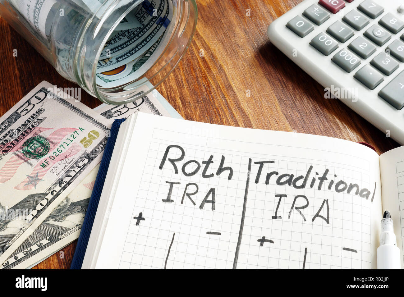 Roth IRA vs IRA traditionnel écrit dans le bloc-notes. Banque D'Images