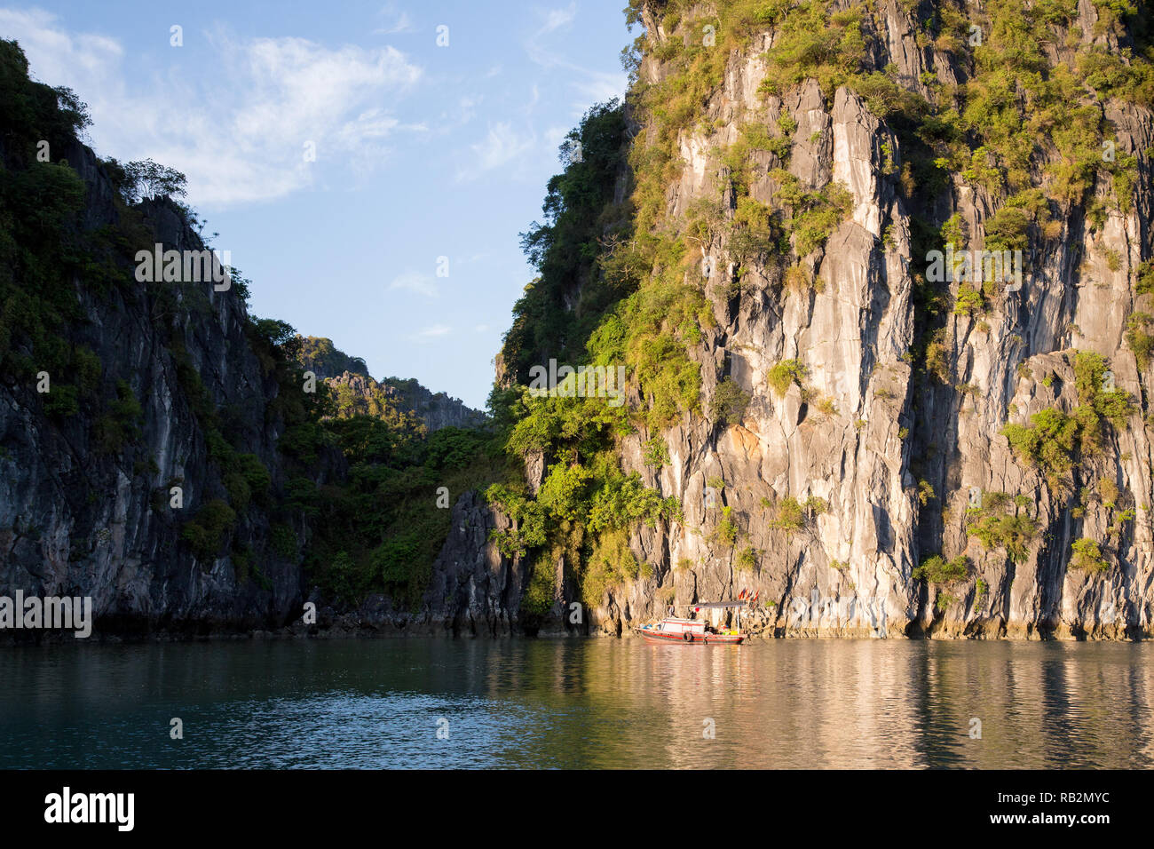 De superbes montagnes karstiques de calcaire dans la baie Bai Tu Long, Vietnam. Banque D'Images