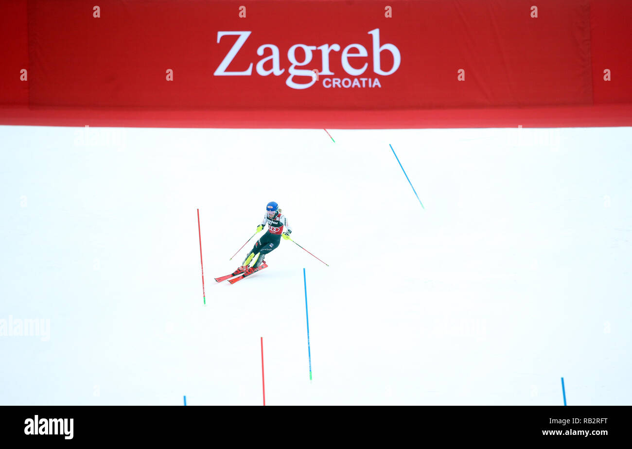 Beijing, la Croatie. 5e Jan, 2019. Mikaela Shiffrin des États-Unis fait concurrence au cours de la Ladies' course de slalom lors de la Coupe du Monde de ski FIS Snow Queen Trophy 2019 à Zagreb, Croatie, janv. 5, 2019. Credit : Luka Evergreen/Xinhua/Alamy Live News Banque D'Images