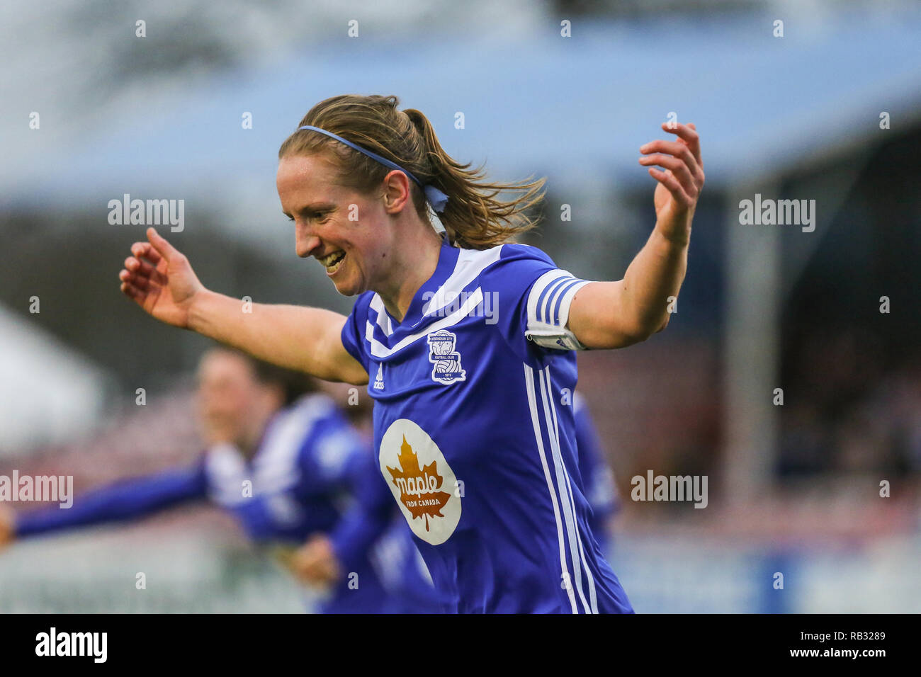 Solihull, Royaume-Uni. 6 janvier, 2019. Birmingham City's Kerys Harrop célèbre mettre son équipe en avance de 1-0 contre la lecture des femmes. Les femmes de la BCFC a gagné 2-1. Peter Lopeman/Alamy Live News Banque D'Images