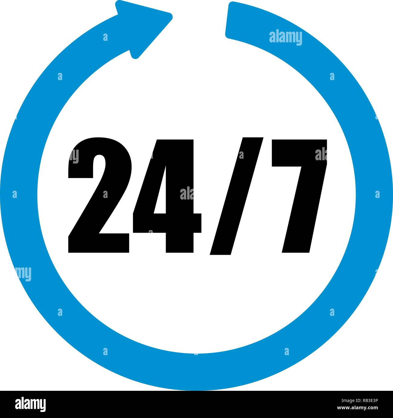 24 heures, sept jours par semaine avec l'icône flèche bleue Illustration de Vecteur