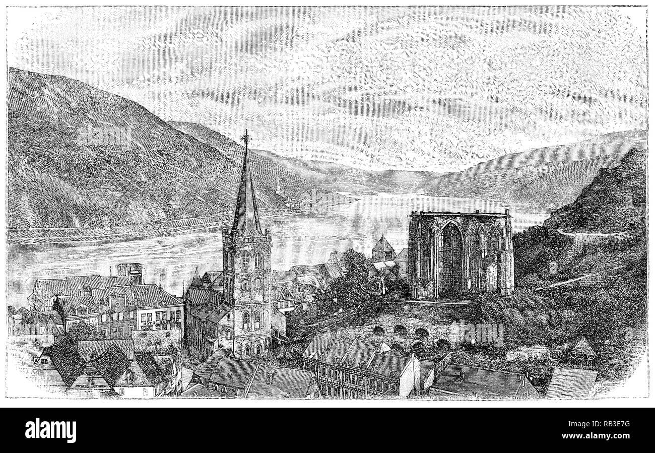 Gravure de 1884 la ville de Bacharach sur le Rhin en Allemagne, montrant l'église paroissiale de Saint Pierre à l'avant-plan et l'Wernerkapelle dans l'arrière-plan. Banque D'Images