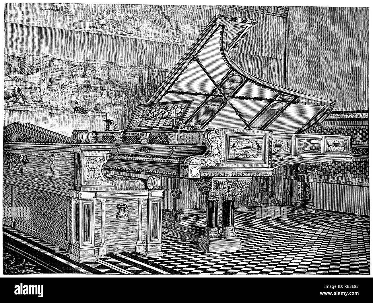 1884 gravure d'un piano appartenant au peintre Sir Lawrence Alma-Tadema. Banque D'Images