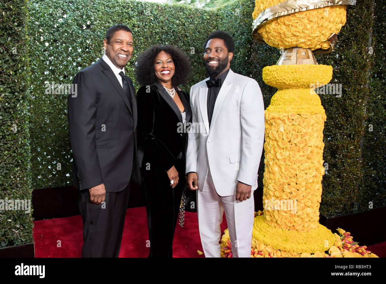 Nominé aux Golden Globe John David Washington (R) et les parents et Denzel Washington Pauletta assister à la 76e Golden Globe Awards au Beverly Hilton de Los Angeles, CA le dimanche, Janvier 6, 2019. Banque D'Images
