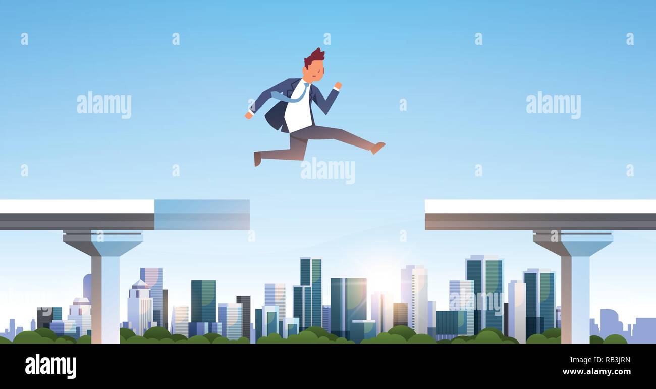 Businessman jumping over gap pont cassé abîme business man en sautant entre deux parties l'autoroute ville moderne gratte-ciel cityscape background plate horizontale Illustration de Vecteur