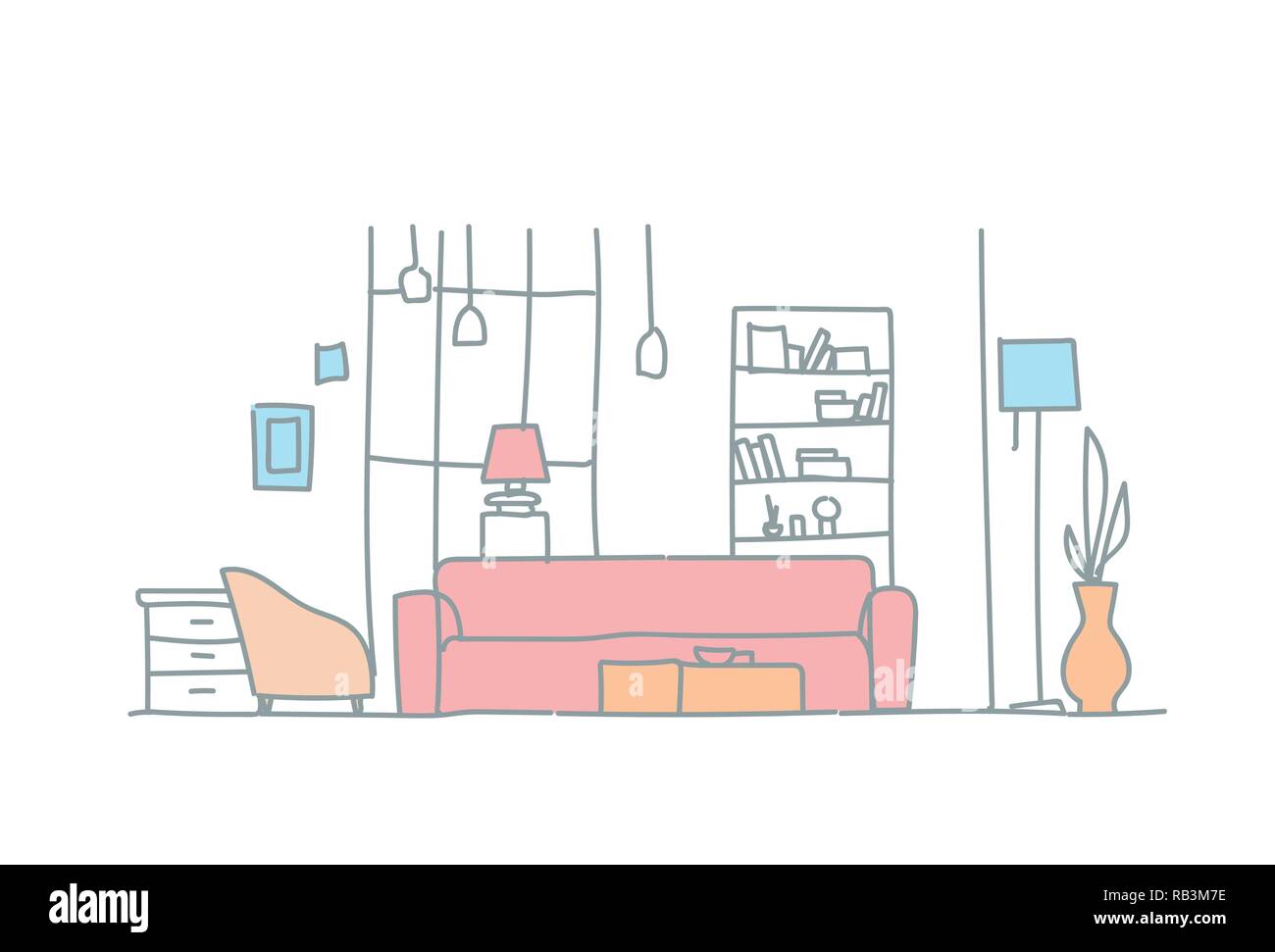 Salon moderne meuble maison vide intérieur horizontal doodle croquis Illustration de Vecteur