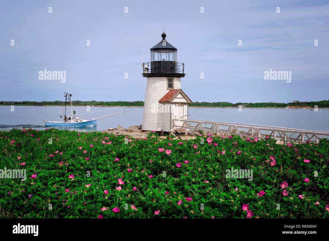 Roses Beach près de l'île de Nantucket, phare de Brant Point Light, comme il guide d'un bateau de pêche dans le port. Banque D'Images