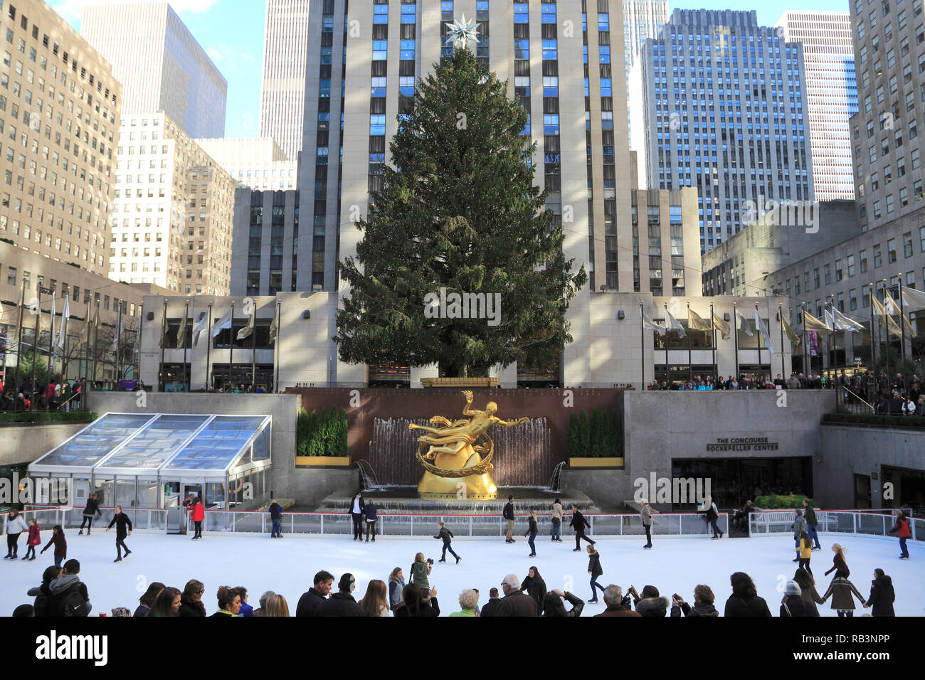 Patinoire, Arbre de Noël, Rockefeller Center, Manhattan, New York City, New York, États-Unis d'Amérique Banque D'Images