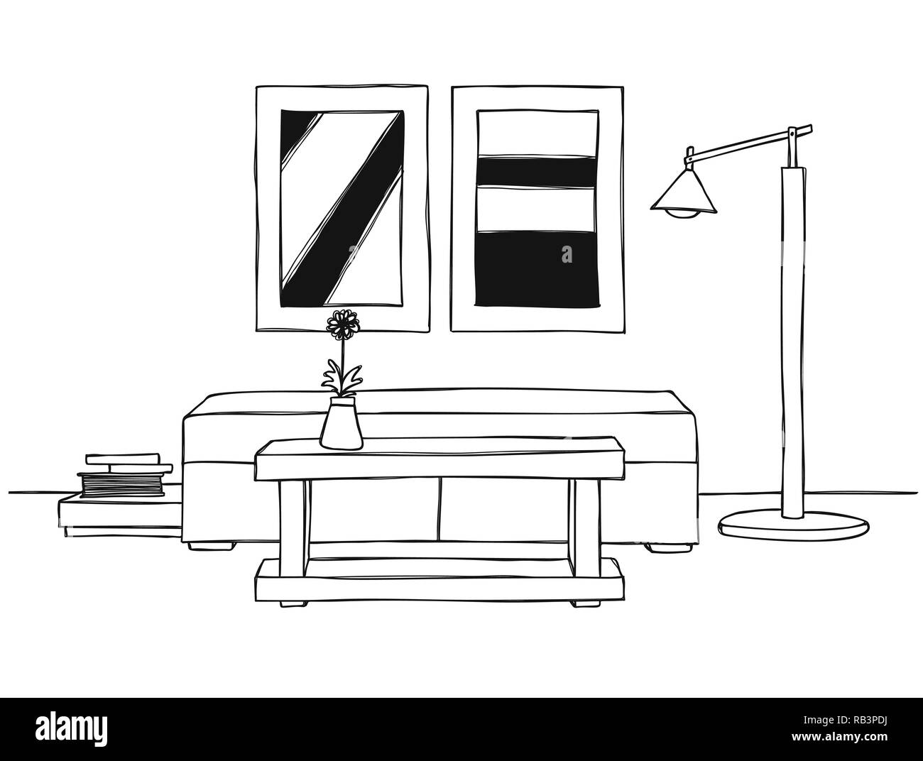 Croquis d'un linéaire de l'intérieur. Canapé, table, lampe et photo.Hand drawn vector illustration d'un croquis de style. Illustration de Vecteur