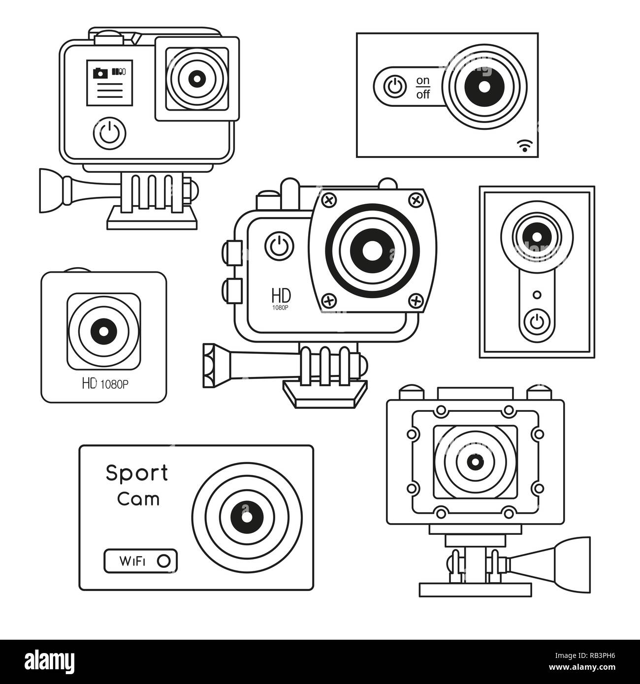 Régler l'appareil photo, caméra sport action isolé sur fond blanc. Vector illustration en ligne . Illustration de Vecteur