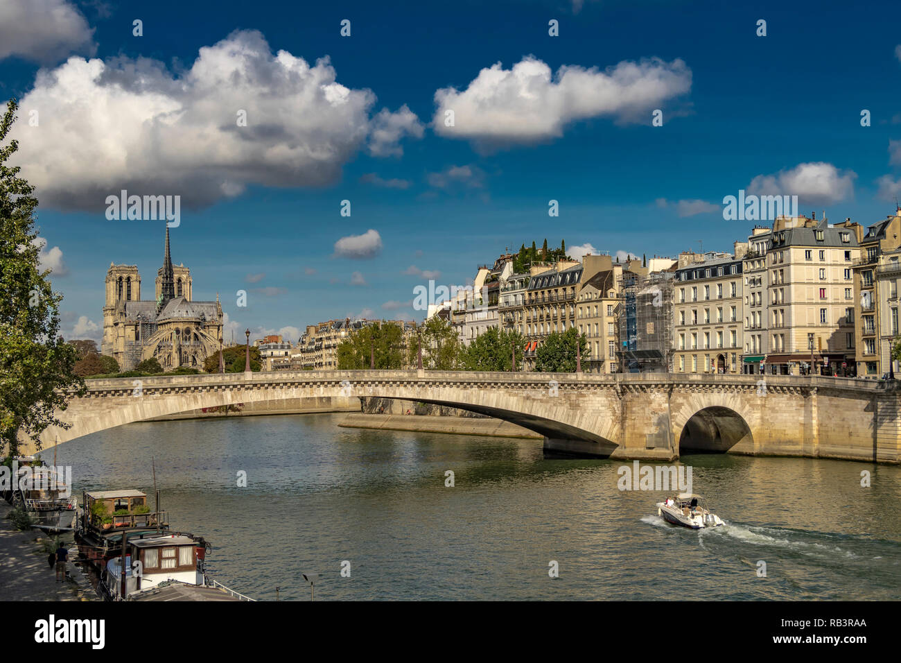 Pont de la Tournelle enjambe la Seine avec la cathédrale Notre-Dame et l'Île Saint-Louis à l'arrière-plan en été ,Paris ,France Banque D'Images