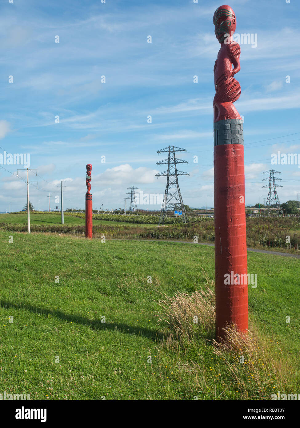 Pou whenua, marqueur en bois sculpté, des postes et des pylônes électriques, à Rangiriri battle site Pa, Waikato, Nouvelle-Zélande Banque D'Images