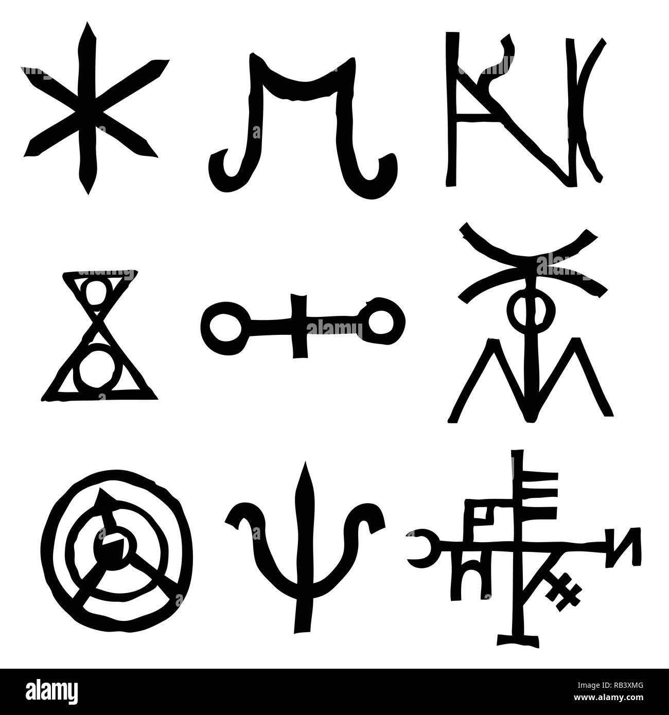 Ensemble de symboles et de lettres inspiré par des symboles et inscriptions magique isolé sur fond. Manuscrit ancien alphabet. Vecteur. Illustration de Vecteur