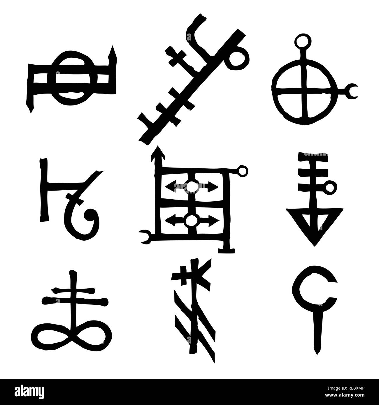 Jeu de runes scandinaves en vieux norrois version imaginaire. Symboles de l'alphabet runique, futhark. Inspiré par d'anciens symboles occultes, des vikings de lettres et de runes. Illustration de Vecteur