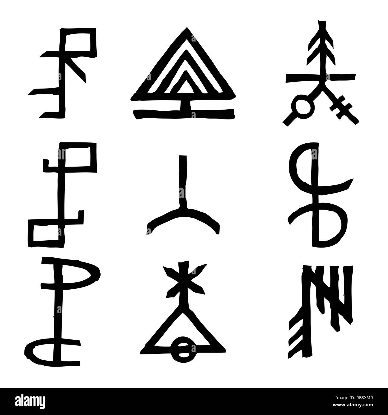 Jeu de runes scandinaves en vieux norrois version imaginaire. Symboles de l'alphabet runique, futhark. Inspiré par d'anciens symboles occultes, des vikings de lettres et de runes. Illustration de Vecteur