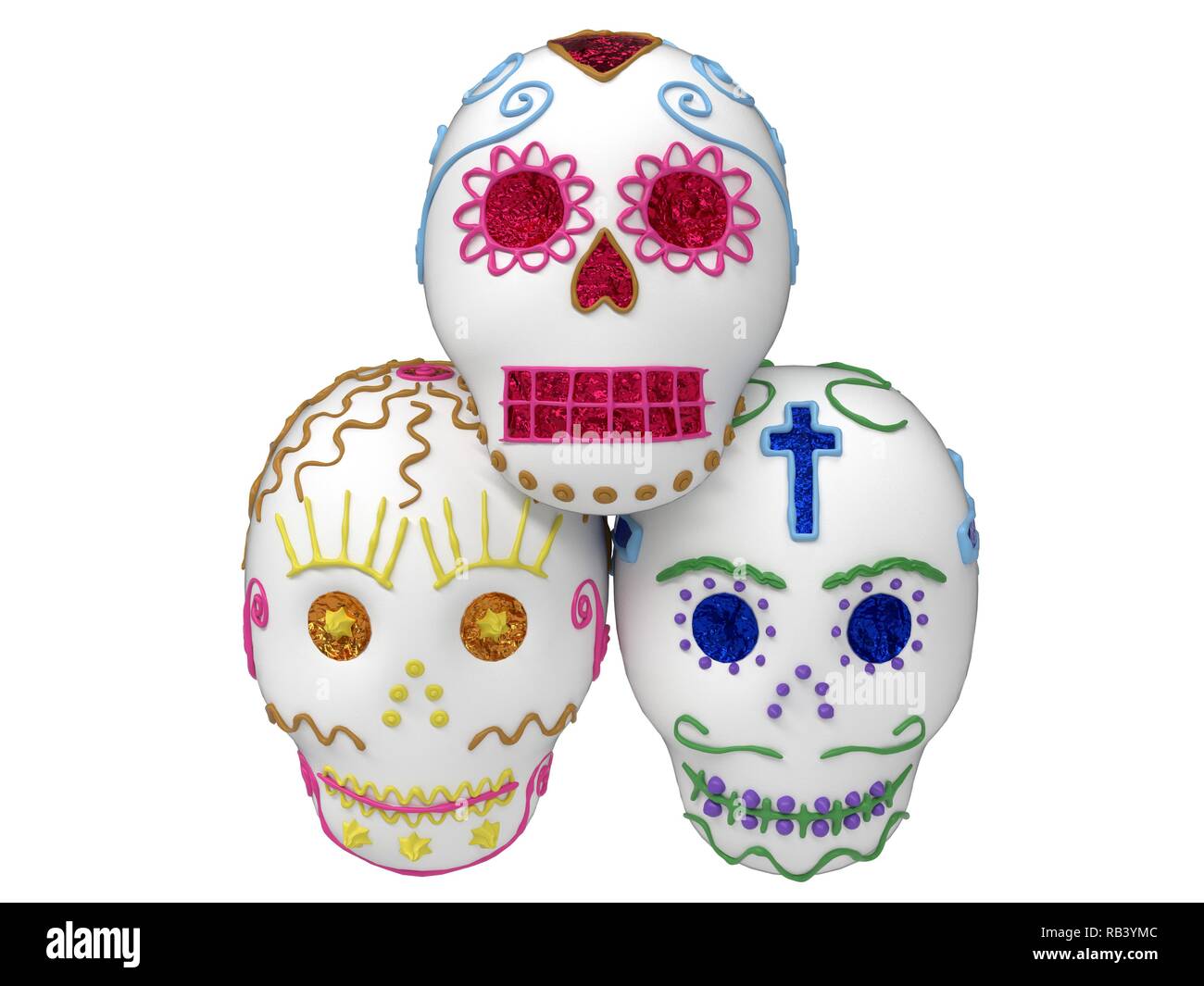 Les crânes en sucre du Jour des morts, de la pile de trois, isolé sur blanc. Rendu 3D / Dessin Banque D'Images