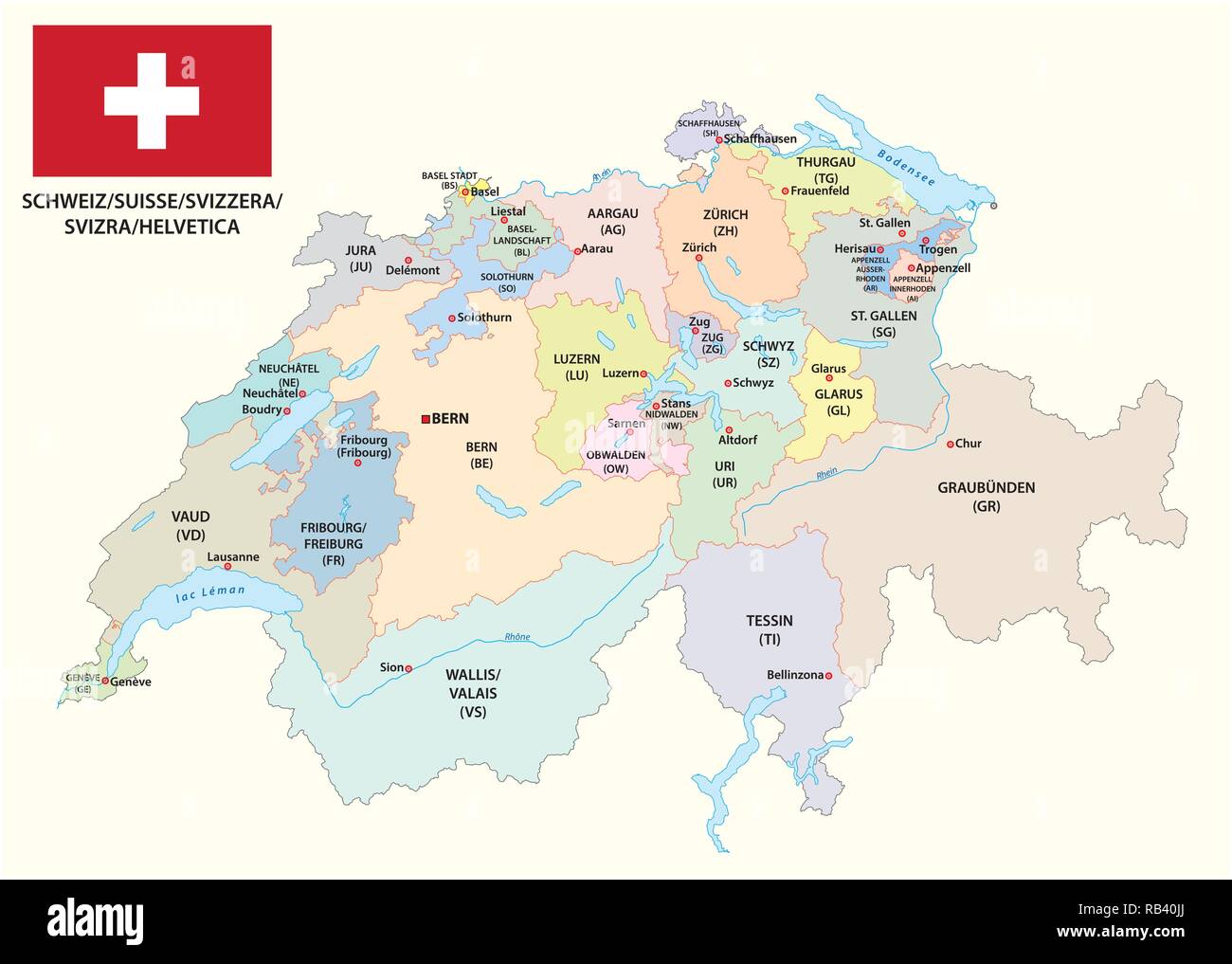 Carte vectorielle administrative et politique de la Suisse avec le drapeau Illustration de Vecteur