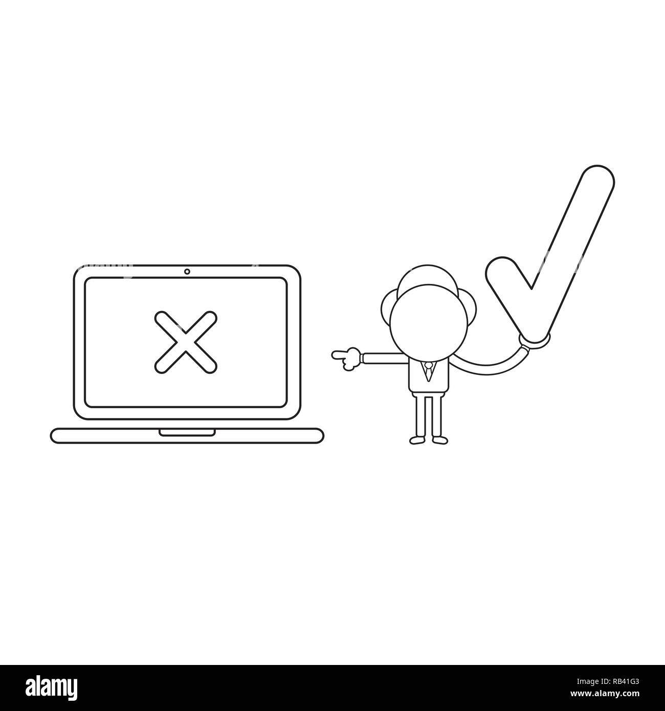 Vector illustration concept de caractère businessman holding coche et vers x marque à l'intérieur d'un ordinateur portable. Contour noir. Illustration de Vecteur