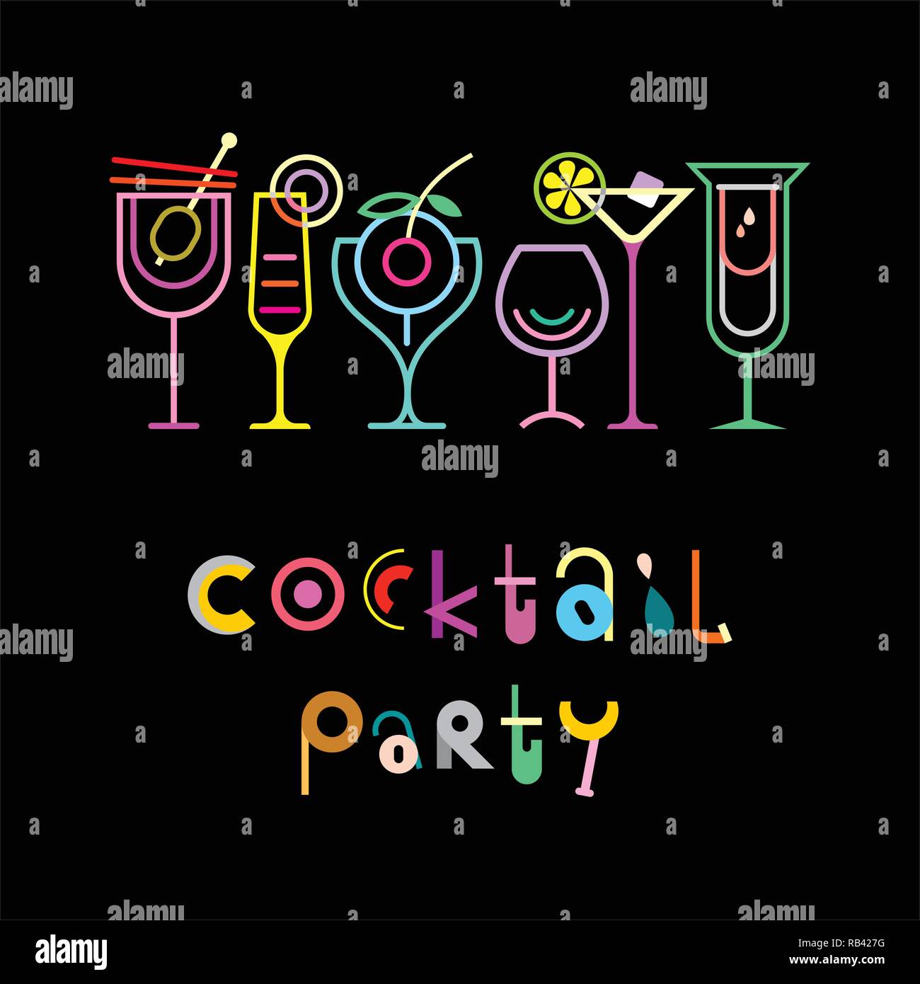 Cocktail - architecture texte décoratif sur un fond noir. Cocktail Party invitation vector poster. Illustration de Vecteur