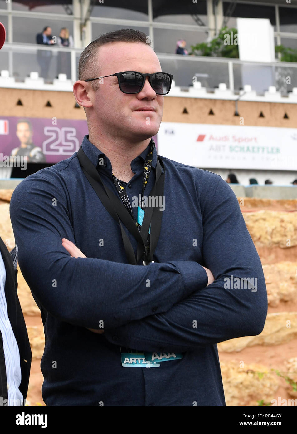 Football star Wayne Rooney lors de la course du championnat de Formule E de Riyad en Arabie Saoudite. Après son vol de retour à l'Amérique il a été accusé d'ivresse en public à l'aéroport aux Etats-Unis Banque D'Images