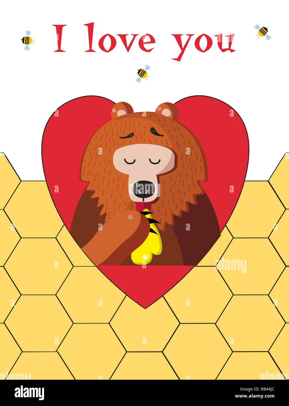 Happy Valentines Day Honey Je Vous Aime Happy Valentines Day Greeting Card De Cute Cartoon  Illustration Ours Miel De Table De Caractères À L'intérieur Du Coeur Rouge  Et Les Abeilles Autour Sur Honeyco Photo Stock -