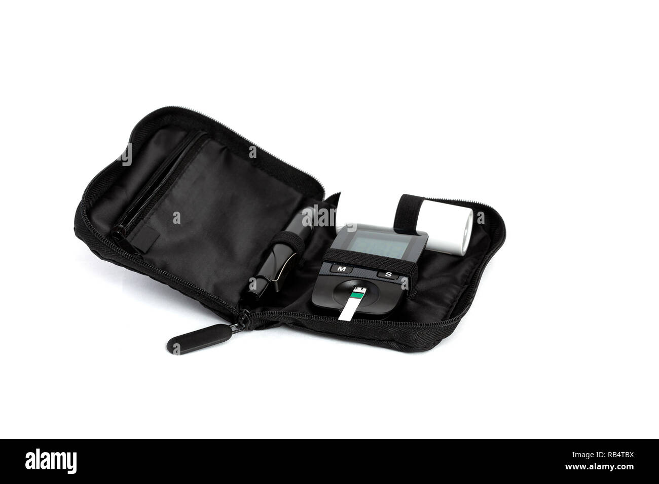 Diabete et bande de test se trouve dans le sac sur un fond blanc Banque D'Images