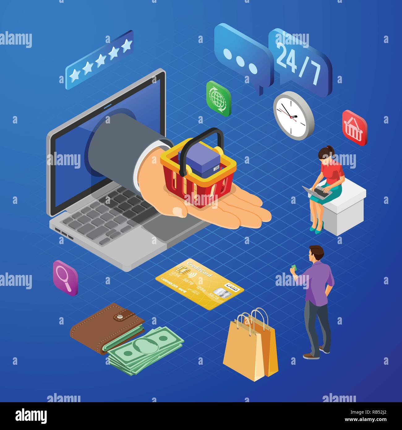 Les achats sur Internet Les paiements en ligne Concept isométrique Illustration de Vecteur