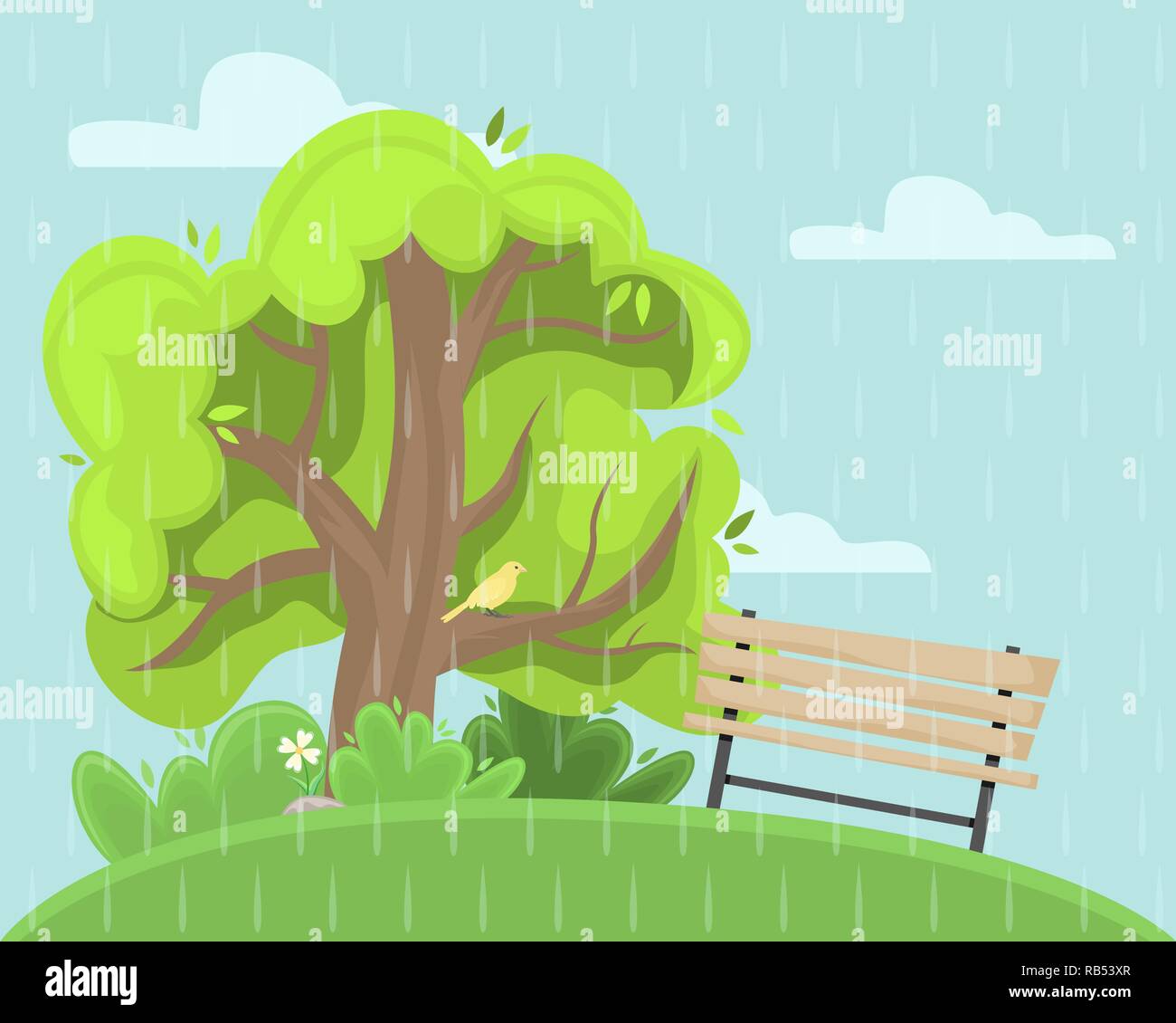 Paysage des pluies de printemps. Ruelle dans le parc avec un banc. Ciel nuageux. Télévision cartoon style. Illustration de Vecteur