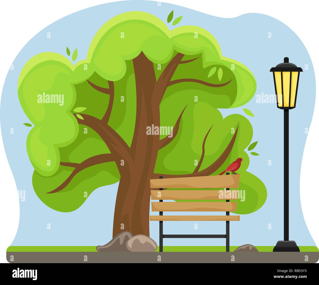Paysage de printemps. Ruelle dans le parc avec un banc et une lanterne. Journée ensoleillée. Télévision cartoon style. Illustration de Vecteur