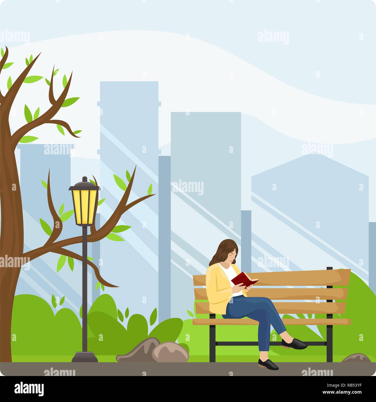 Paysage de printemps. Ruelle dans le parc avec un banc et une lanterne. Girl reading a book. Journée ensoleillée. Télévision cartoon style. Illustration de Vecteur