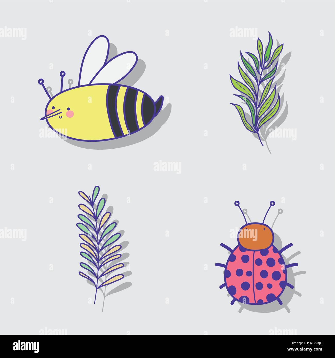 Fixer avec des branches d'abeilles et de plantes feuilles ladybug Illustration de Vecteur