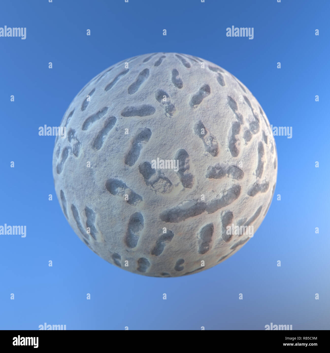 3D render of snowball petite planète avec de nombreuses empreintes humaines contre le ciel bleu Banque D'Images