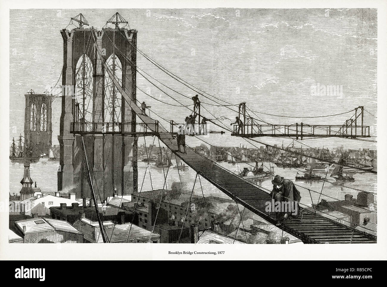 La construction du pont de Brooklyn, 1877 Gravure victorienne Banque D'Images